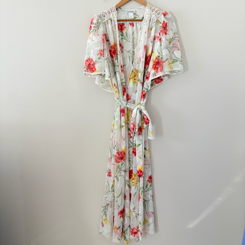 Natori Floral Sheer Lace Trim Wrap Robe Maxi‎ Romantic Vintage Lingerie Small - Picture 2 of 14